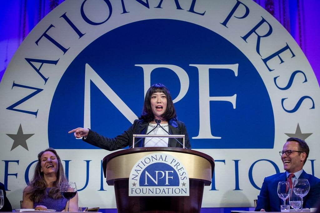Nikkei Asia's chief tech correspondent Cheng Ting-Fang giving a speech at the U.S. National Press Foundation awards dinner in Washington D.C.