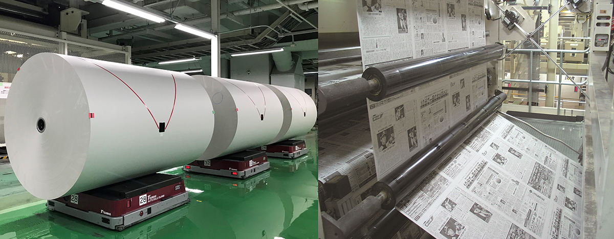 40g/㎡（XL紙）の巻取紙（左）と新聞印刷の様子（右）
