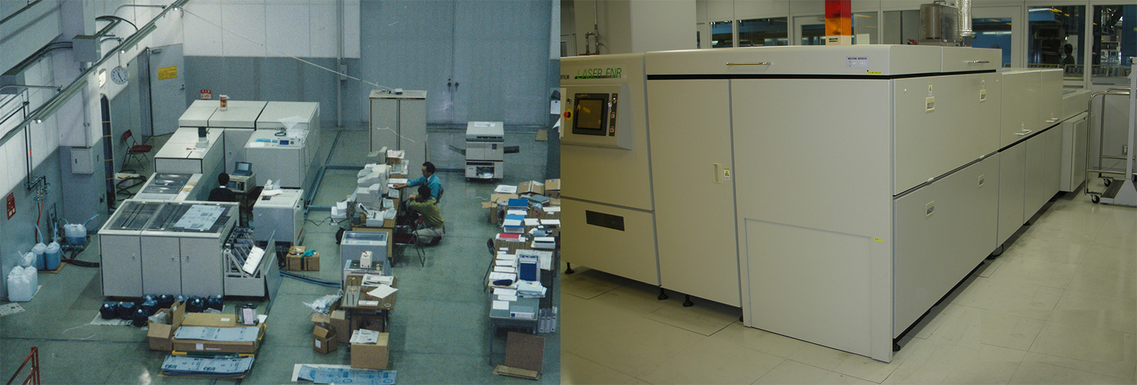 ＯＰＣ版用製版機の開発風景（左）と工場に導入した製版機（右）